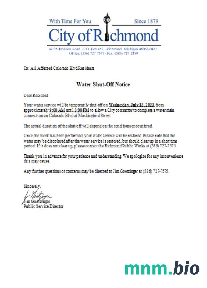 Michigan City Of Richmond water shut off notice rachunek za usługi komunalne